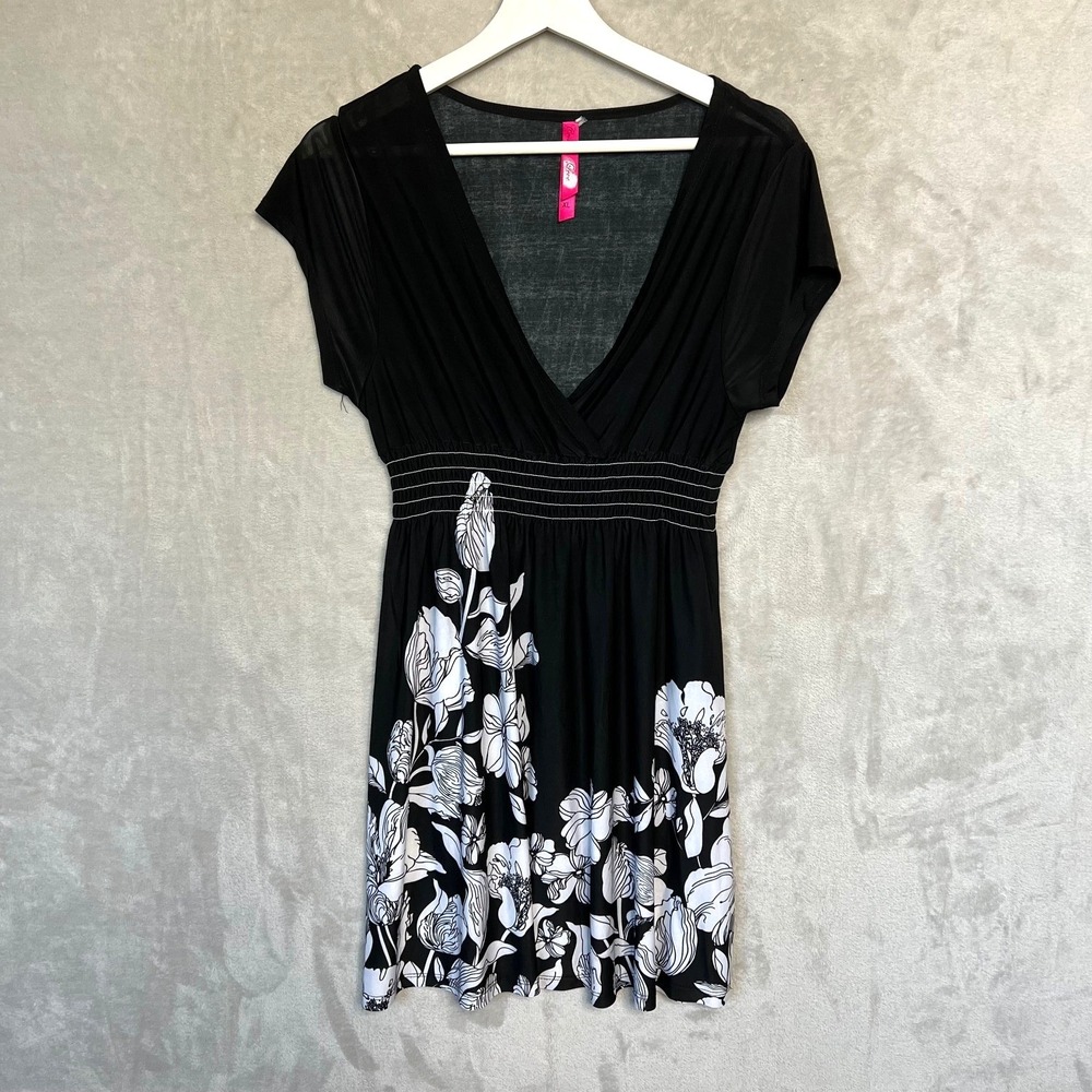Christina Love Dress XL Empire Waist V Neck Black Floral Stretchy Boho Y2K